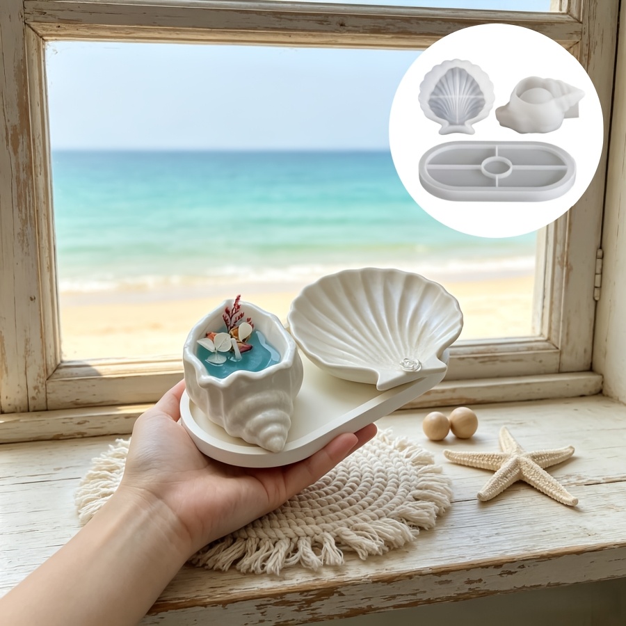 Candle Making Kit Wholesale - ชุดผลิตภัณฑ์ซีรีส์มารีน 3 ชิ้น ประกอบด้วยเชิงเทียนรูปเปลือกหอย, จานรูปเปลือกหอย และถาด,