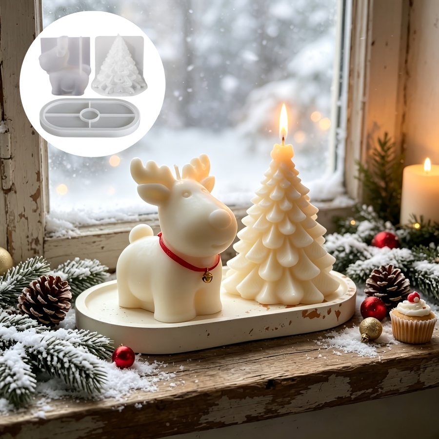 Candle Making Kit Wholesale - ชุดแม่พิมพ์ซิลิโคนดินเหนียว 3 ชิ้น: กวางคริสต์มาส, ต้นคริสต์มาสสำหรับเทียน, และถาดทรงรี